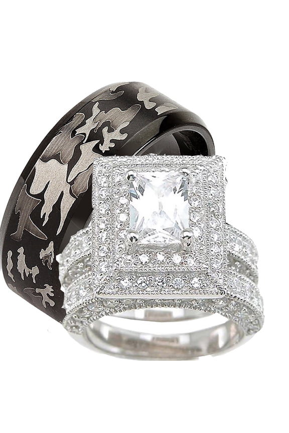 His Hers Trio Wedding Set Matching Wedding Bands for Him Size 12 and Her Size 6