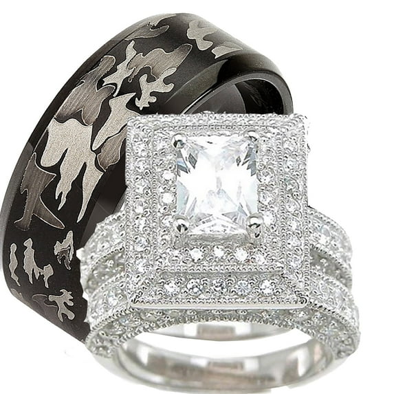 His Hers Trio Wedding Set Matching Wedding Bands for Him Size 9 and Her Size 8