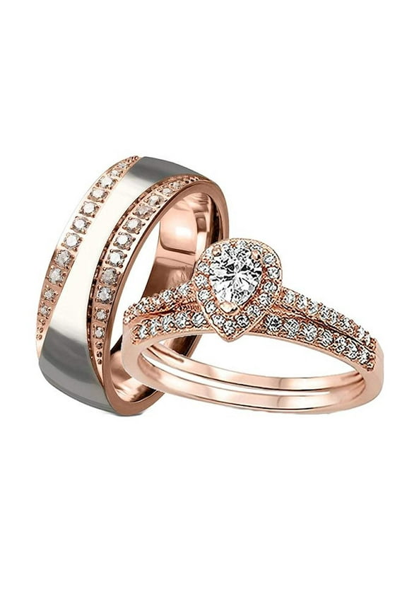 His Hers Wedding Ring Set 3 Piece Rose Gold Halo Cz Wedding Ring Set