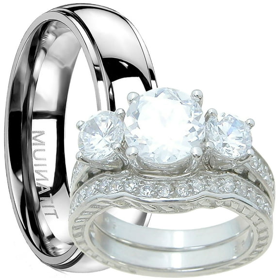 His Hers Wedding Ring Set CZ Bridal Trio Couples Rings Titanium Silver Women Men (7/8)
