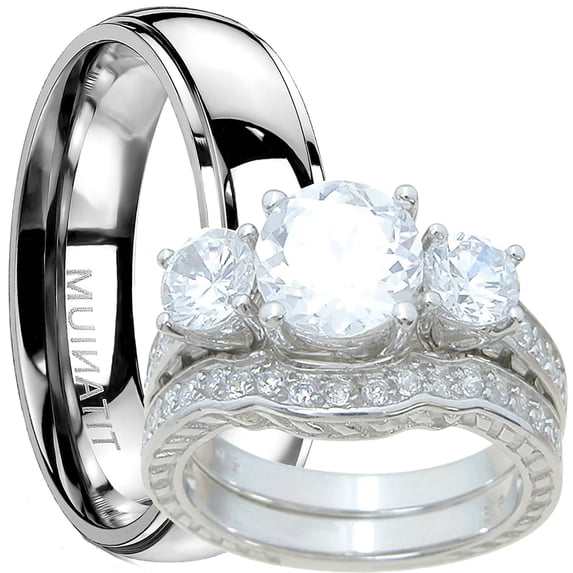 His Hers Wedding Ring Set CZ Bridal Trio Couples Rings Titanium Silver Women Men (9/13)