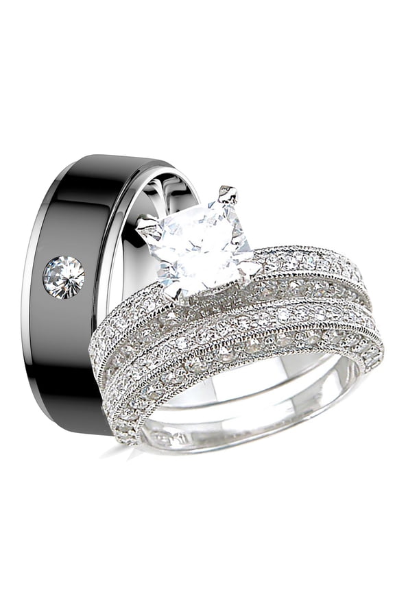His Hers Wedding Ring Set Unique Vintage Couples Rings TRIO Bride Groom (9/11)