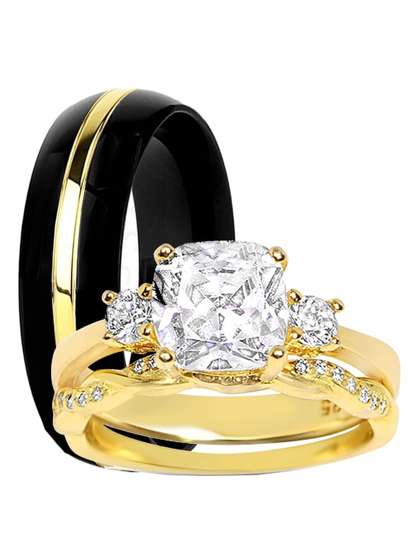 His Hers Wedding Ring Set Matching Black Titanium 14K Gold Over Silver Rings for Her 5 Him 10