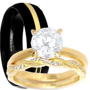 LaRaso & Co His Hers Wedding Ring Set Matching Black Titanium 14K Gold Over Silver Rings for Her 5 Him 12