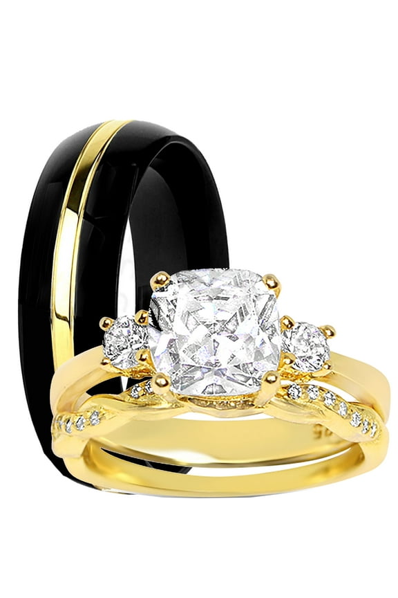 His Hers Wedding Ring Set Matching Black Titanium 14K Gold Over Silver Rings for Her 6 Him 9