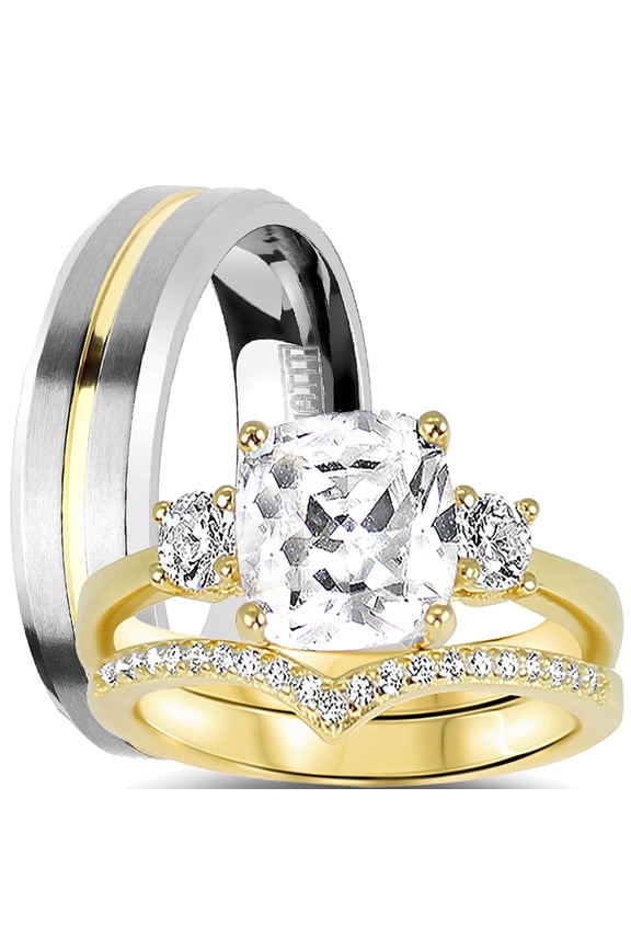 His Hers Wedding Ring Set Matching Titanium 14K Gold Over Silver Rings for Her 7 Him 8
