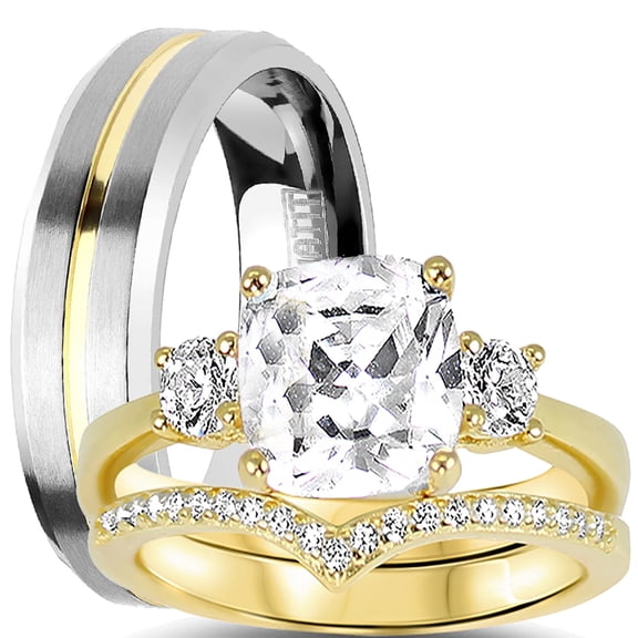 LaRaso & Co His Hers Wedding Ring Set Matching Titanium 14K Gold Over Silver Rings for Her 8 Him 8