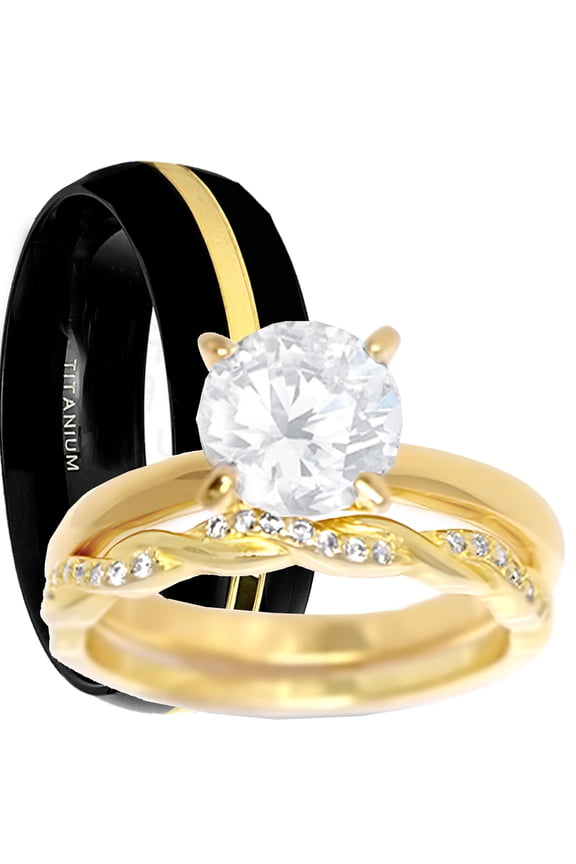 His Hers Wedding Ring Set Matching Black Titanium 14K Gold Over Silver Rings for Her 9 Him 12