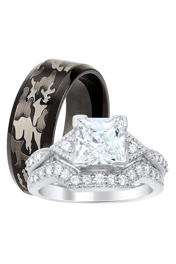 His Hers Wedding Ring Set Princess Engagement Couples Promise Rings Her 6 Him 9