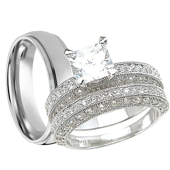 His Hers Wedding Ring Set Silver Titanium Bridal CZ Bands Him Her (6/10)