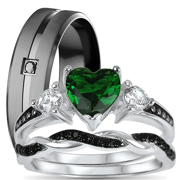 His Hers Wedding Ring Set TRIO 3 PCS Simulated Emerald Bridal Set Silver Black Stainless Steel Women Men