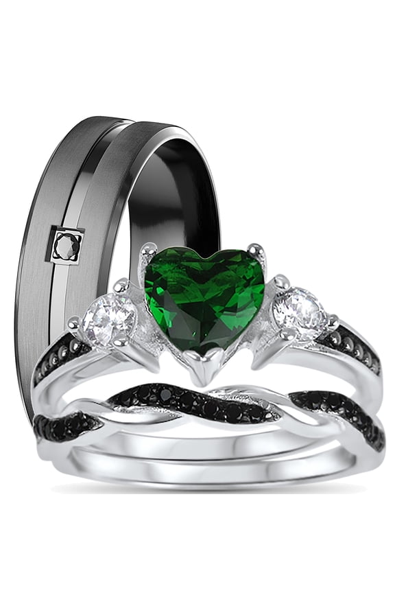 His Hers Wedding Ring Set TRIO 3 PCS Simulated Emerald Bridal Set Silver Black Stainless Steel Women Men
