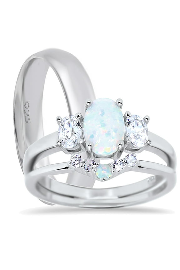 His Hers Wedding Ring Set TRIO Matching Couples Opal CZ Engagement Rings 5/9
