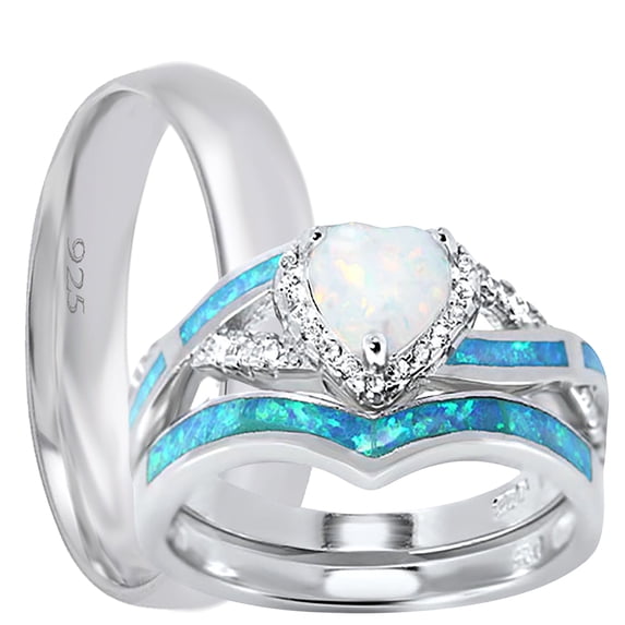 His Hers Wedding Ring Set TRIO Matching Couples Opal CZ Engagement Rings for Him Her 6/12
