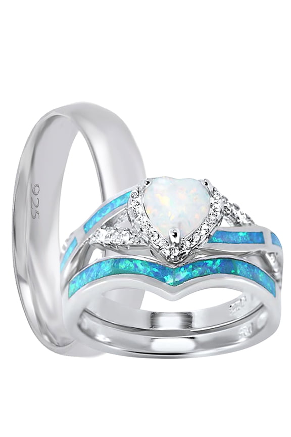 His Hers Wedding Ring Set TRIO Matching Couples Opal CZ Engagement Rings for Him Her 7/11