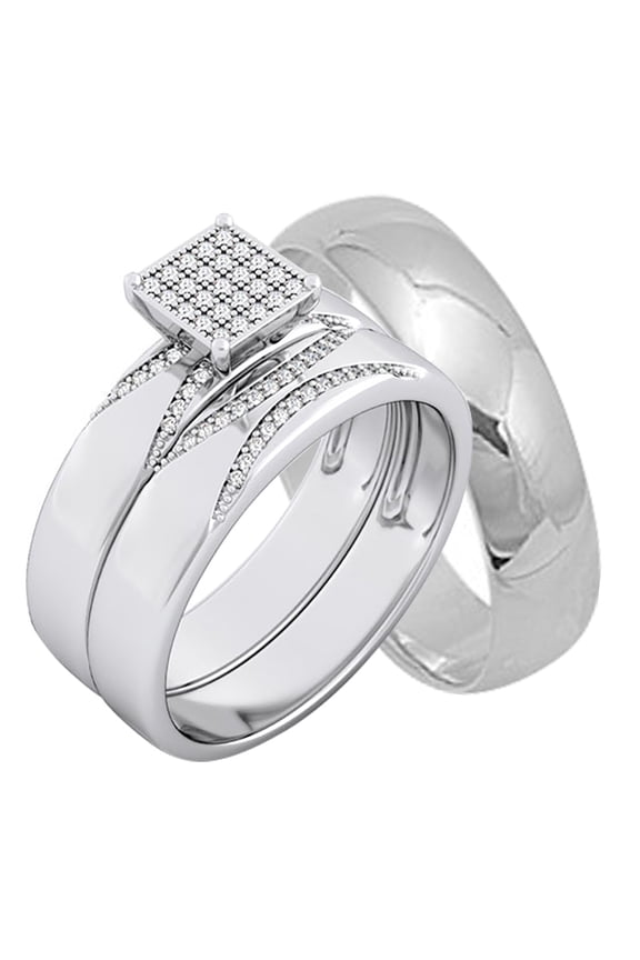 Micro Pave His Hers Wedding Ring Set TRIO Matching Sterling Silver Rings for Him Her Sizes 8/9