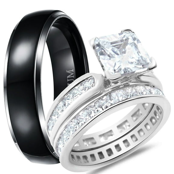 LaRaso & Co His Hers Wedding Ring Set TRIO Silver Black Titanium Matching Rings for Him Her Sizes 10/11