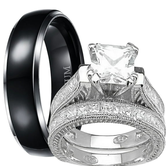 LaRaso & Co His Hers Wedding Ring Set TRIO Silver Black Titanium Matching Rings for Him Her Sizes 11/9