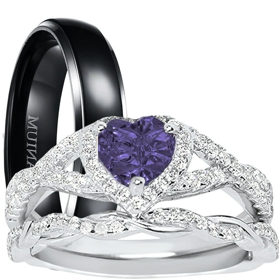 LaRaso & Co His Hers Wedding Ring Set TRIO Silver Black Titanium Matching Rings for Him Her Sizes 12/10