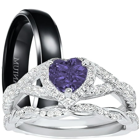 LaRaso & Co His Hers Wedding Ring Set TRIO Silver Black Titanium Matching Rings for Him Her Sizes 12/9