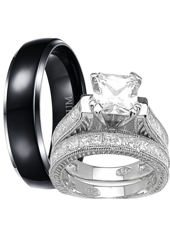 His Hers Wedding Ring Set TRIO Silver Black Titanium Matching Rings for Him Her Sizes 5/9