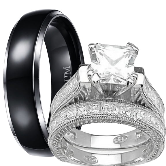 LaRaso & Co His Hers Wedding Ring Set TRIO Silver Black Titanium Matching Rings for Him Her Sizes 8/10