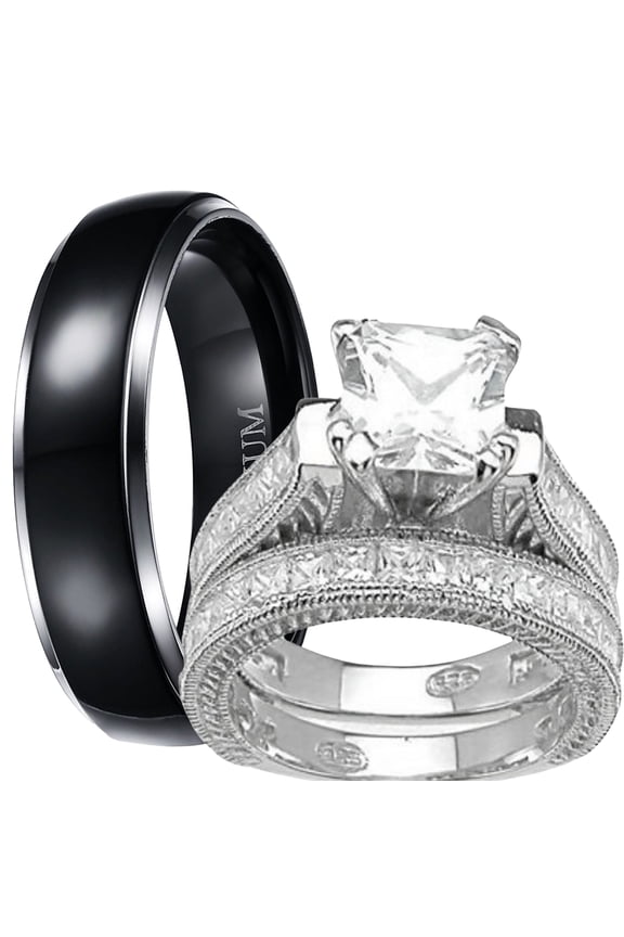 His Hers Wedding Ring Set TRIO Silver Black Titanium Matching Rings for Him Her Sizes 8/10