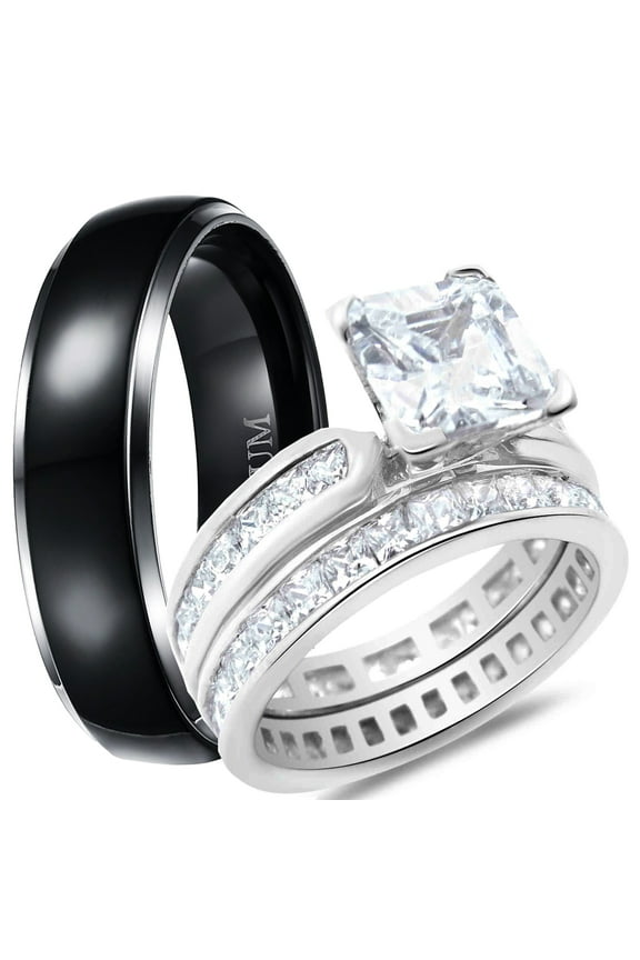 His Hers Wedding Ring Set TRIO Silver Black Titanium Matching Rings for Him Her Sizes 8/9