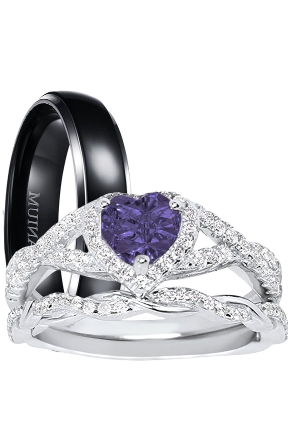 His Hers Wedding Ring Set TRIO Silver Black Titanium Matching Rings for Him Her Sizes 9/12