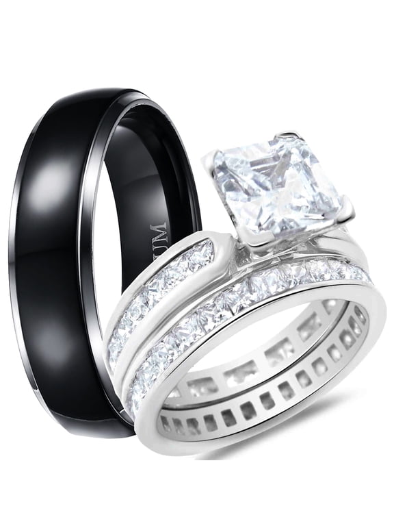 His Hers Wedding Ring Set TRIO Silver Black Titanium Matching Rings for Him Her Sizes 9/14