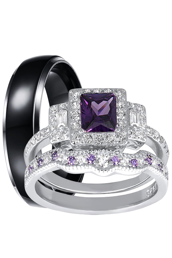 His and Hers Wedding Rings Amethyst CZ Bridal Engagement Wedding Set Silver Titanium Bands Him Her 11/10