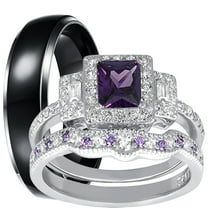 LaRaso & Co His and Hers Wedding Rings Amethyst CZ Bridal Engagement Wedding Set Silver Titanium Bands Him Her 5/9