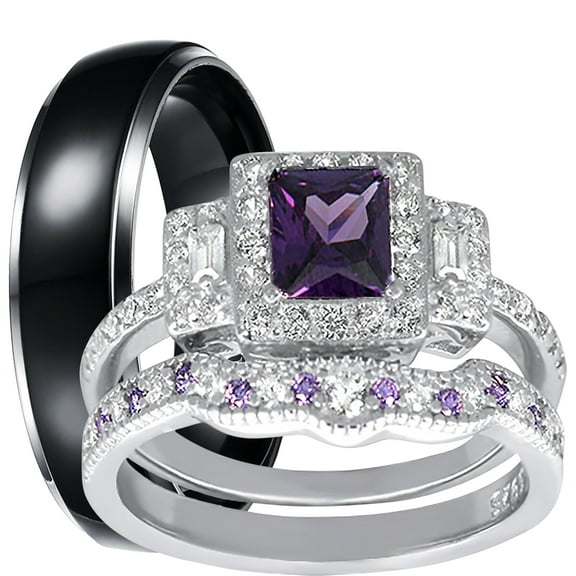 LaRaso & Co His and Hers Wedding Rings Amethyst CZ Bridal Engagement Wedding Set Silver Titanium Bands Him Her 5/9