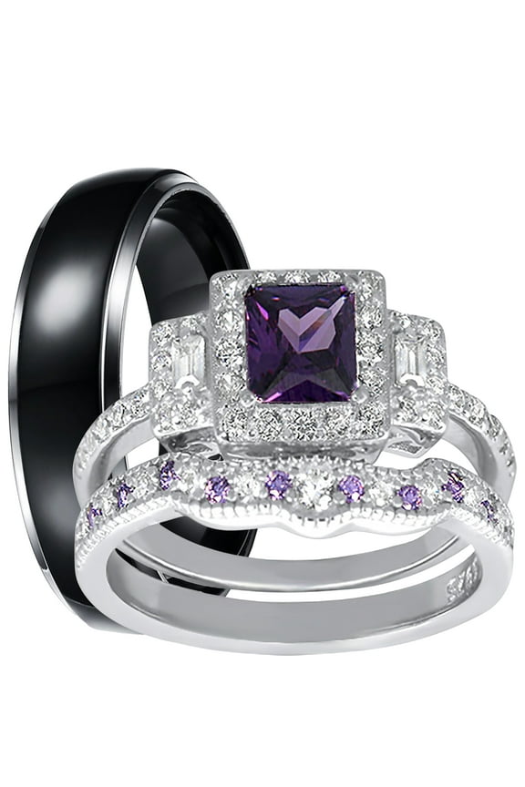 His and Hers Wedding Rings Amethyst CZ Bridal Engagement Wedding Set Silver Titanium Bands Him Her 5/9