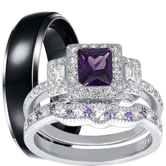 LaRaso & Co His and Hers Wedding Rings Amethyst CZ Bridal Engagement Wedding Set Silver Titanium Bands Him Her 7/12