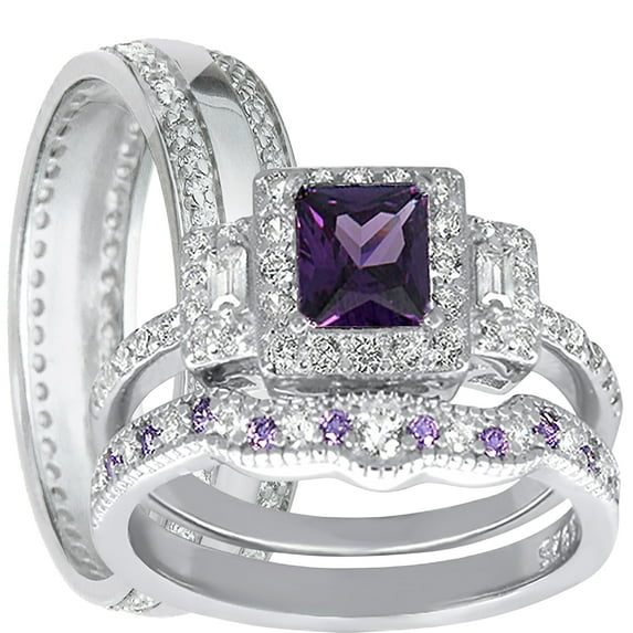 LaRaso & Co His and Hers Wedding Rings Amethyst CZ Bridal Engagement Wedding Set Sterling Silver Bands Him Her 7/8