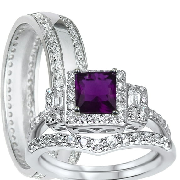LaRaso & Co His Her Wedding Rings Amethyst CZ Bridal Engagement Wedding Set Sterling Silver 9/9