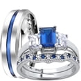 thumbnail image 1 of LaRaso & Co His and Hers Wedding Rings Blue Sapphire Simulant Bridal Engagement Wedding Set Silver Steel Bands Him Her 6/11, 1 of 5