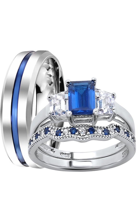 His and Hers Wedding Rings Blue Sapphire Simulant Bridal Engagement Wedding Set Silver Steel Bands Him Her 8/8