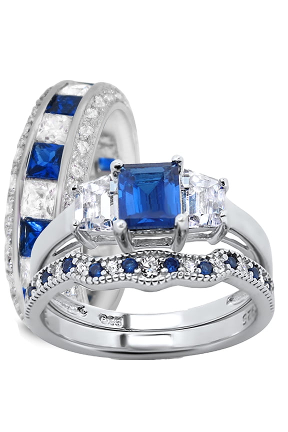 His Her Wedding Ring Set Blue CZ TRIO Silver Engagement Couples bands bride groom