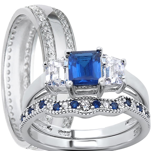 His and Hers Wedding Ring Set Bridal Engagement Wedding Set Sterling Silver Bands Bride Groom 7/8