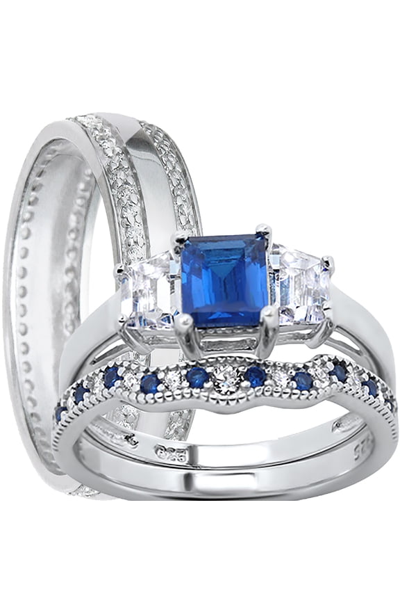 His and Hers Wedding Ring Set Bridal Engagement Wedding Set Sterling Silver Bands Bride Groom 8/10