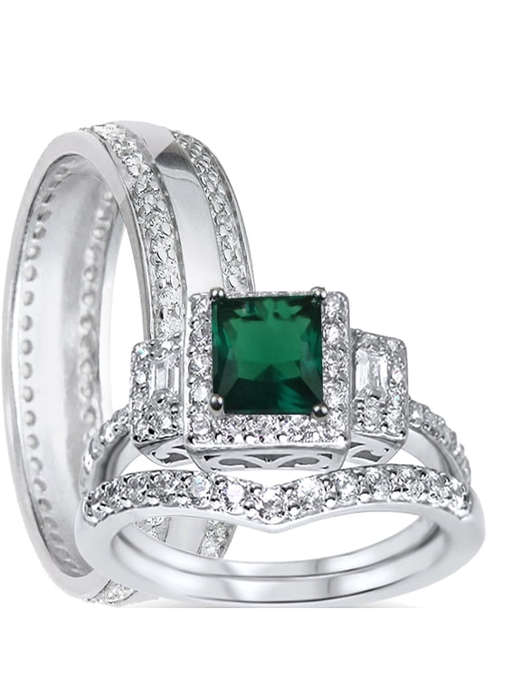 His Her Wedding Rings Emerald CZ Bridal Engagement Wedding Set Sterling Silver 12/11