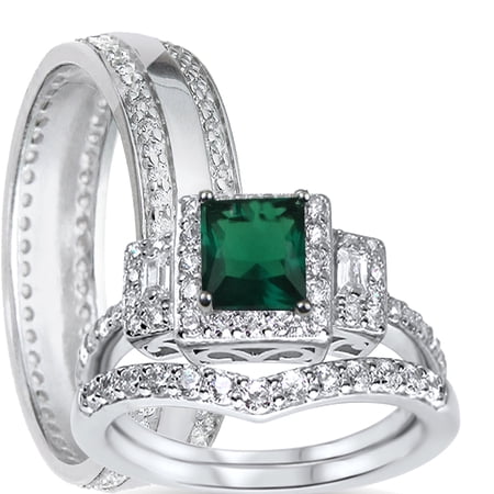 LaRaso & Co His Her Wedding Rings Emerald CZ Bridal Engagement Wedding Set Sterling Silver 12/9