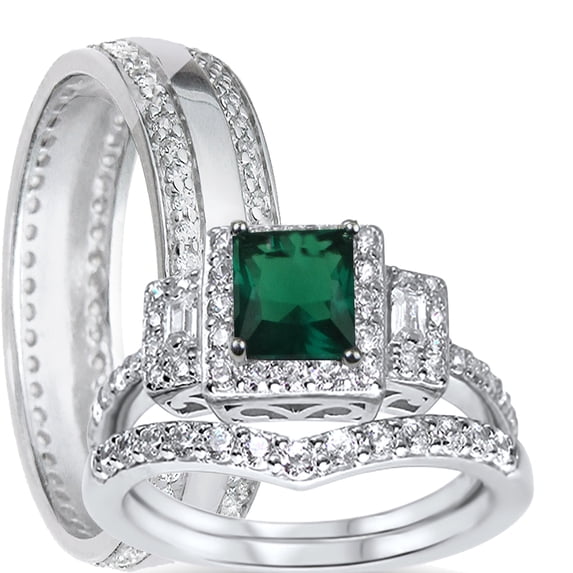 LaRaso & Co His Her Wedding Rings Emerald CZ Bridal Engagement Wedding Set Sterling Silver 5/11