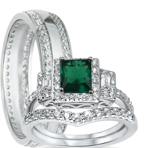 LaRaso & Co His Her Wedding Rings Emerald CZ Bridal Engagement Wedding Set Sterling Silver 5/9