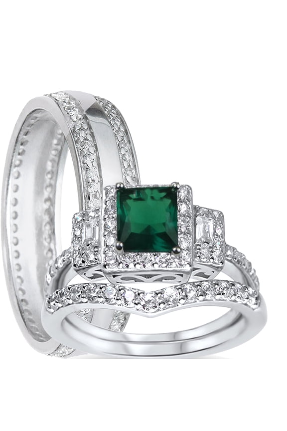 His Her Wedding Rings Emerald CZ Bridal Engagement Wedding Set Sterling Silver 5/9