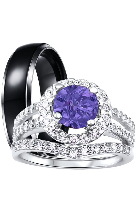His Hers Wedding Rings Purple CZ Black Silver Wedding Engagement Couples Rings Set 10/8