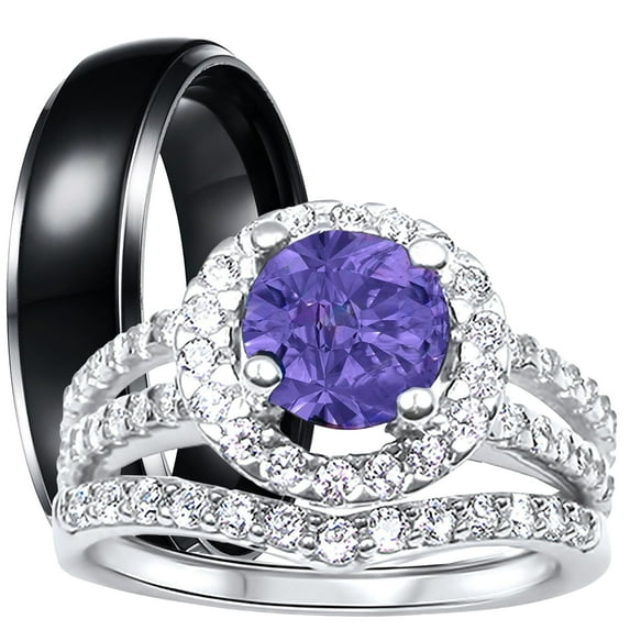 LaRaso & Co His Hers Wedding Rings Purple CZ Black Silver Wedding Engagement Couples Rings Set 8/12
