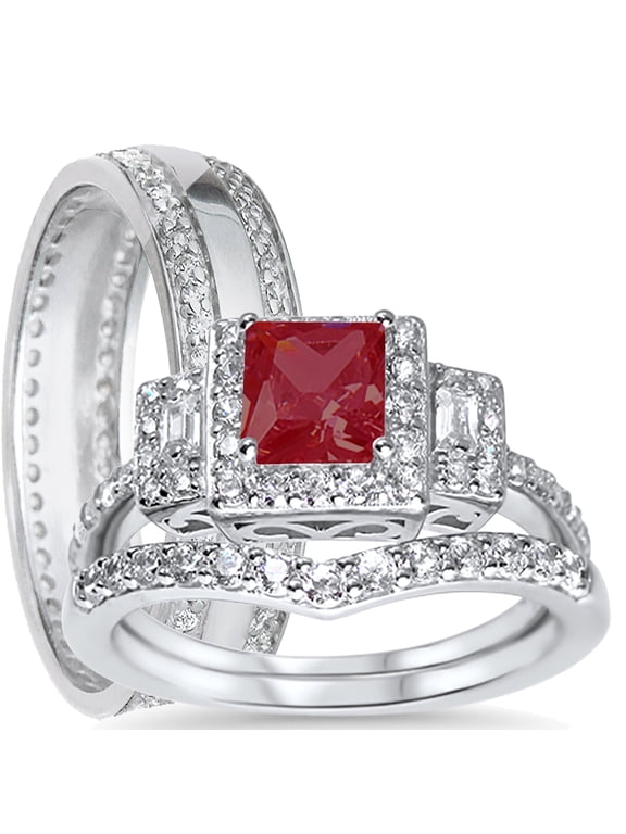 His Her Red Silver Wedding Ring Set Ruby CZ Engagement Wedding Ring Set 5/9